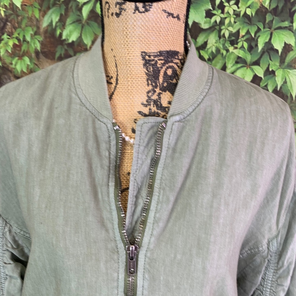 FREE PEOPLE Festival Wear Ruched Linen Oliver Green Bomber Jacket, S - Picture 5 of 16